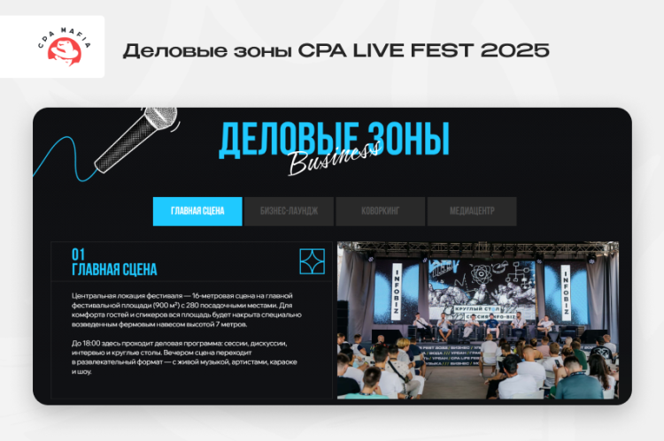 Главная сцена — основная деловая зона CPA LIVE FEST 2025 | CPA Mafia