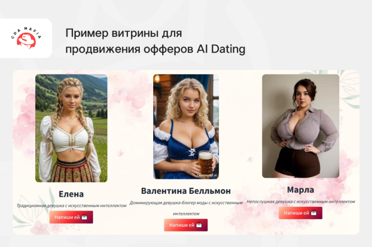Пример креатива-витрины аффилейта для продвижения офферов нескольких платформ для ИИ-дейтинга | CPA Mafia