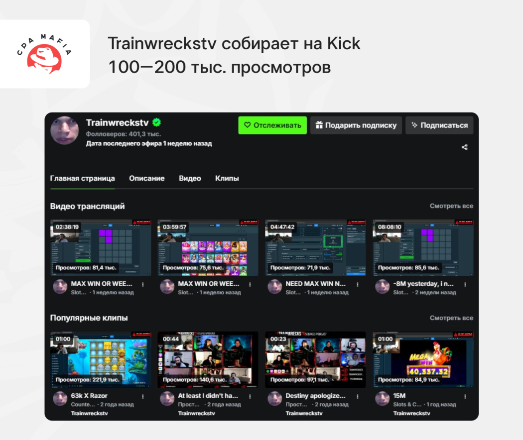 Аккаунт стримера Trainwreckstv на платформе Kick | CPA Mafia