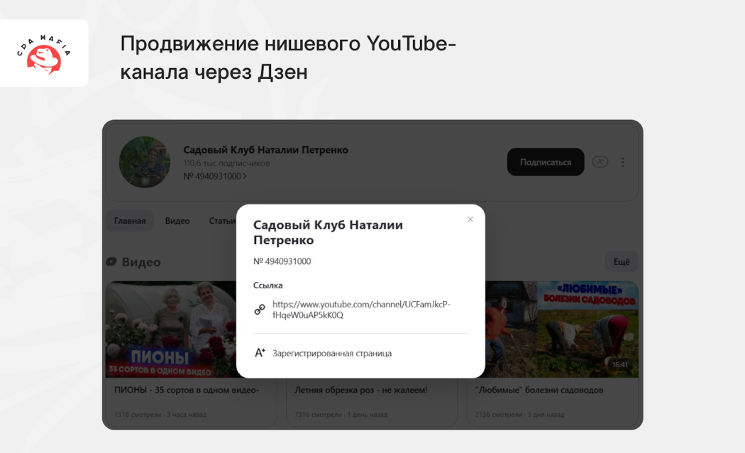 Дзен-канал с видео, публикуемыми для продвижения основного профиля автора на Ютубе | CPA Mafia