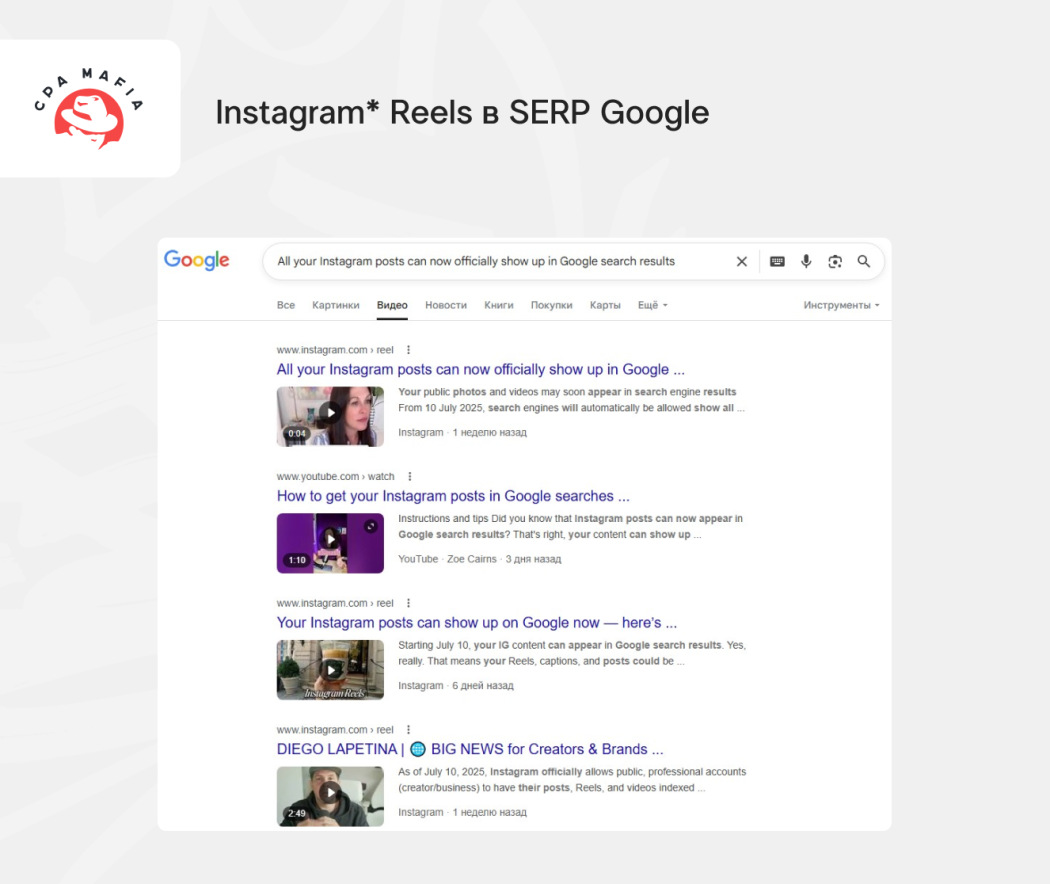 Поисковая выдача Google с видеороликами из Инстаграма* | CPA Mafia