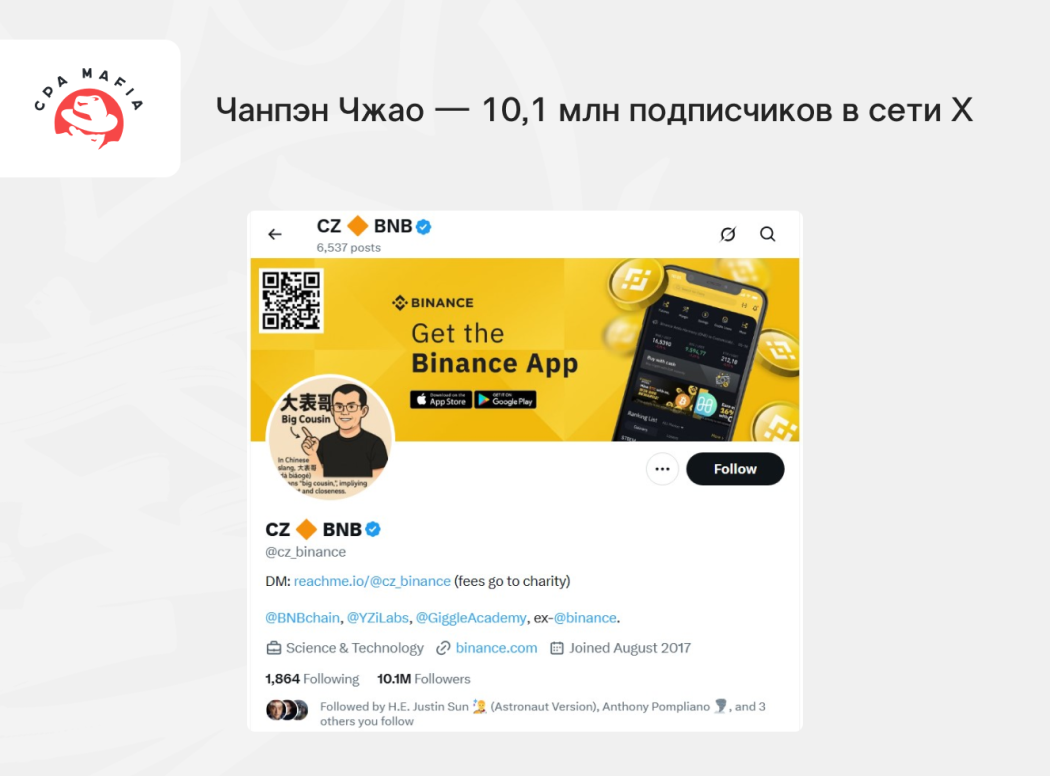 Личный профиль Чанпэн Чжао в Твиттере (X) | CPA Mafia