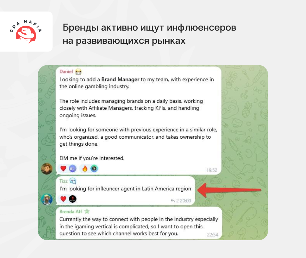 Сообщение в специализированном чате о поиске инфлюенсера в ГЕО Латам | CPA Mafia