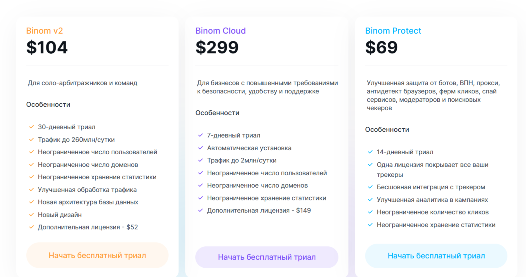 Прайс на странице Binom